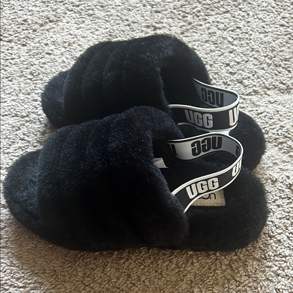 UGG Black Fluffy Slides with Logo Strap